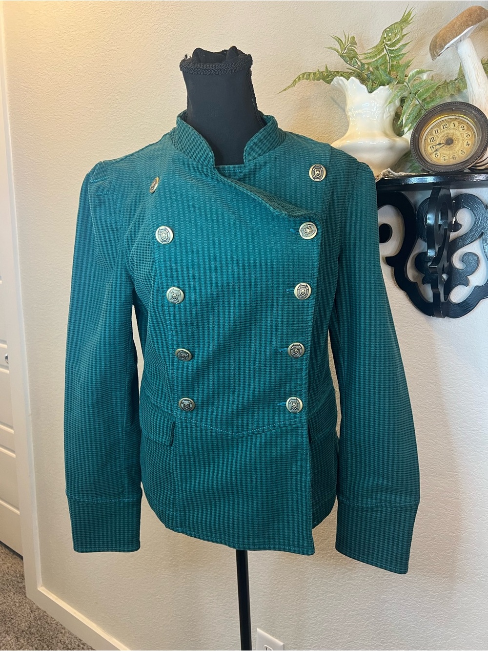 Cabi Lennon Green Corduroy Military Style Double Breasted Blazer Jacket Sz M